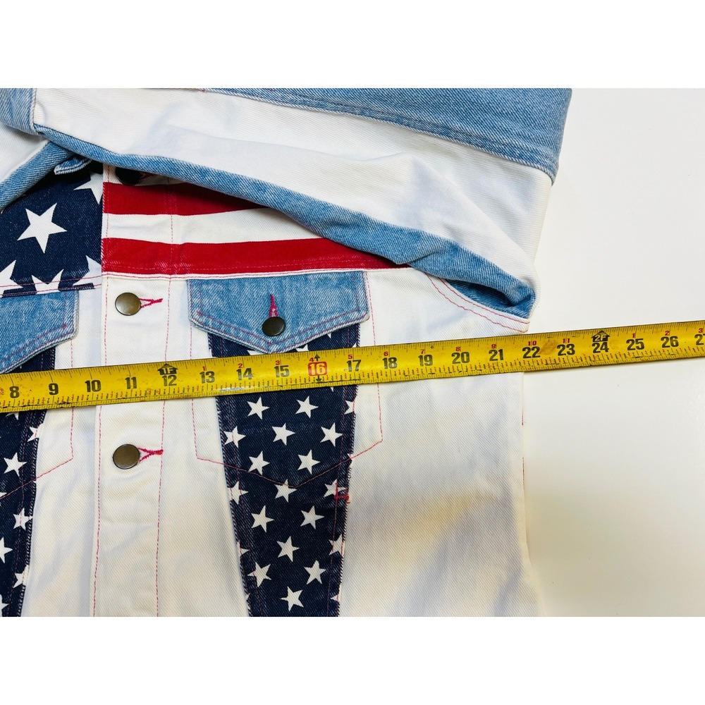 Fuse Paris M Denim Bomber Jacket USA Flag‎ Stars Stripes Trucker Moto VTG Unisex - Picture 11 of 15